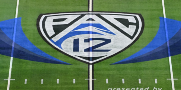 LAS VEGAS, NV - DECEMBER 02: A view of the Pac-12 logo on the field before the Pac-12 Conference championship game between the Utah Utes and the USC Trojans at Allegiant Stadium on December 2, 2022 in Las Vegas, Nevada. (Photo by Brian Rothmuller/Icon Sportswire)