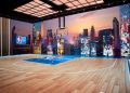 The LED court in Amazon's NBA studio. (Amazon)
