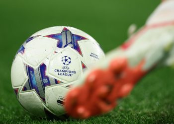 2TCHTEH The ball with the champions league logo during the Uefa champions league match between SSC Napoli vs Braga at the Diego Armando Maradona Stadium in Naples, southern Italy, on December 12, 2023.